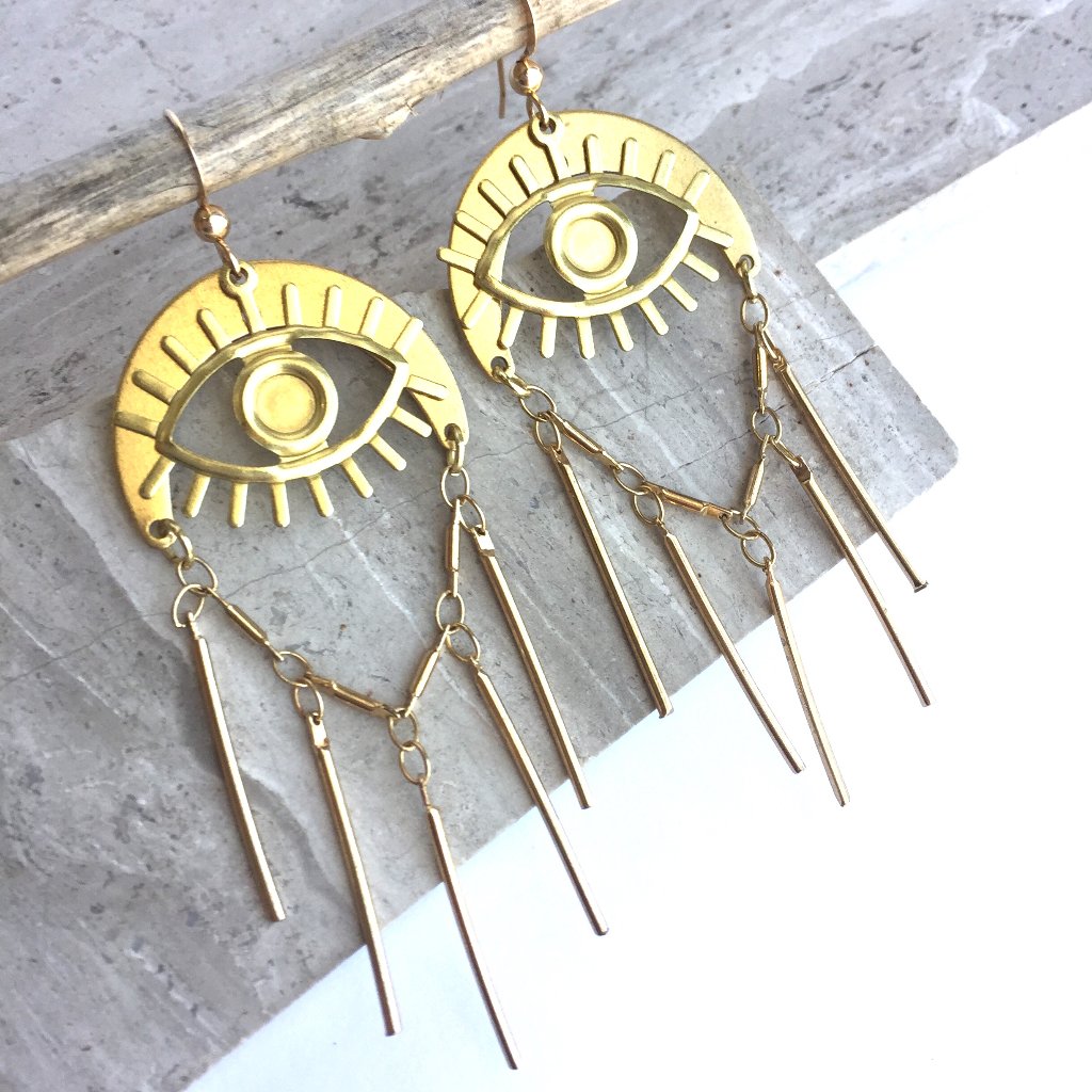 Evil Eye Long Brass Fringe Earrings Gold